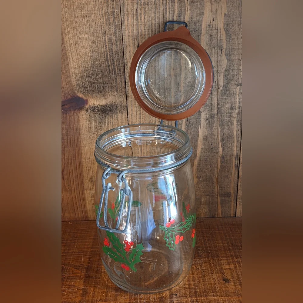 Vtg MCM Christmas Candy Jar Glass Wire Bale Hinged Lid Holly Berry Berries 1L